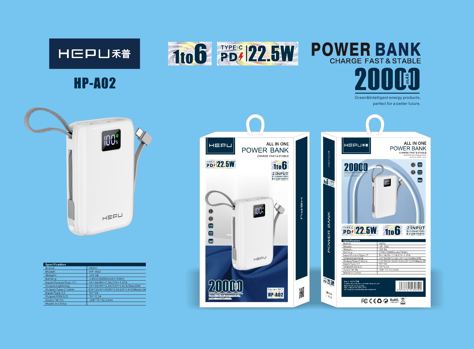 HEPU%20Hp%20A-02%2020.000%20mAh%20Power%20Bank%2022.5%20W%20PD%20Hızlı%20Şarj